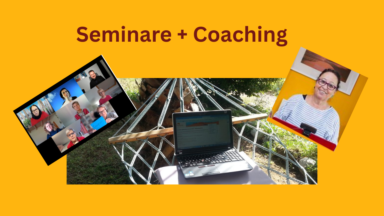 Laptop in einer Hängematte, rechts Zamyat am Laptop, Links Bild von Zoom-Webinar